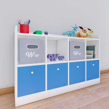 ORGANIZADOR WONDER WOOD MUEBLERÍA COMODA JUGUETERO MONTESSORI 4 COMPARTIMIENTOS Y 4 CAJONES MELAMINA BLANCA AZUL - 2