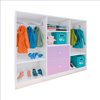 CLOSET ORGANIZADOR MONTESSORI WONDER WOOD MUEBLERIA DE 4 COMPARTIMIENTOS Y 2 CAJONES MELAMINA BLANCA/LILA PARA NIÑOS Y NIÑAS - 1