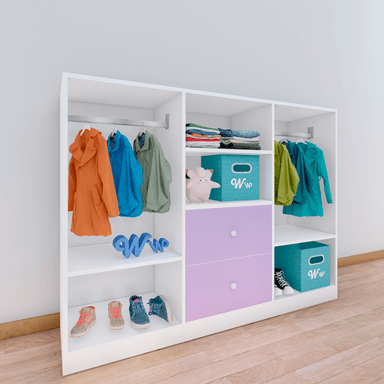 CLOSET ORGANIZADOR MONTESSORI WONDER WOOD MUEBLERIA DE 4 COMPARTIMIENTOS Y 2 CAJONES MELAMINA BLANCA/LILA PARA NIÑOS Y NIÑAS - 2