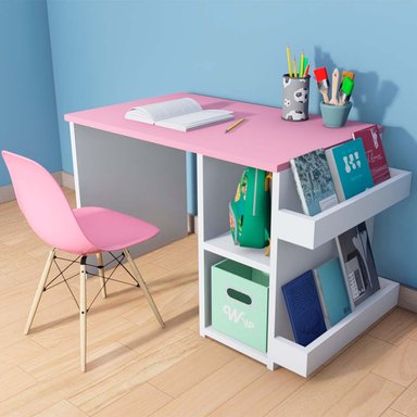 ESCRITORIO WONDER WOOD MUEBLERÍA ROSADO + SILLA CON 2 COMPARTIMIENTOS Y 2 PORTACUENTOS PARA NIÑOS - 2