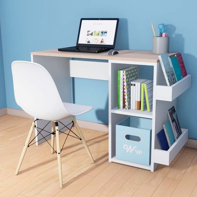 ESCRITORIO WONDER WOOD MUEBLERÍA BLANCO/NATURAL HARVEY CON 2 COMPARTIMIENTOS Y 2 PORTALIBROS + SILLA - 2