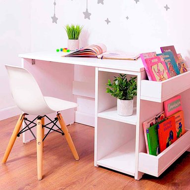 ESCRITORIO WONDER WOOD MUEBLERÍA BLANCO + SILLA CON 2 COMPARTIMIENTOS Y 2 PORTACUENTOS PARA NIÑOS - 2