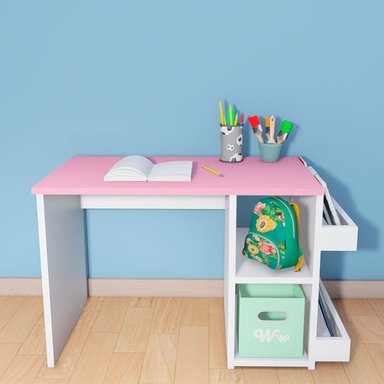 ESCRITORIO MONTESSORI WONDER WOOD MUEBLERIA CON 2 COMPARTIMIENTOS Y 2 PORTACUENTOS BLANCO/ROSADO PARA NIÑOS - 2