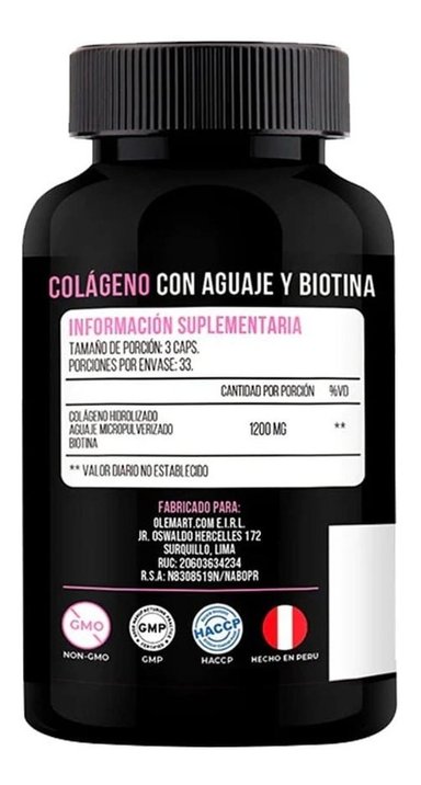 1 FRASCO LIMA NATURALS COLÁGENO AGUAJE & BIOTINA 100 CÁPSULAS - 3