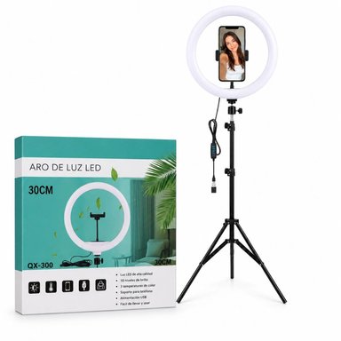 ARO DE LUZ LED 30CM CON SOPORTE PARA CELULAR QX-300 3 TONOS DE LUZ + TRÍPODE - 1