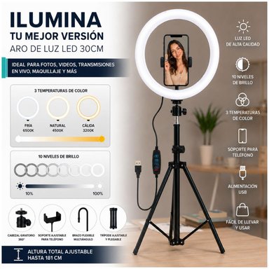 ARO DE LUZ LED 30CM CON SOPORTE PARA CELULAR QX-300 3 TONOS DE LUZ + TRÍPODE - 3