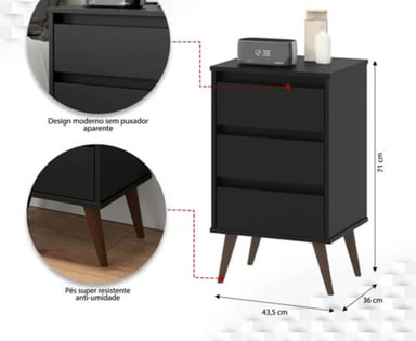 VELADOR R&R MUEBLES VINTAGE ANGI 3 CAJONES NEGRO - 3