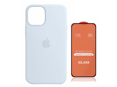 CASE IPHONE 14 SILICONA CELESTE BEBE + MICA VIDRIO COMPLETO - 1