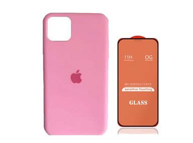 FUNDA SILICONE CASE PARA IPHONE 15 PRO ROSA + MICA DE VIDRIO 11D COMPLETO - 1