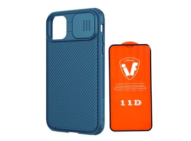 CASE NILLKIN CAMSHIELD PARA IPHONE 15 PRO AZUL + MICA DE VIDRIO 11D COMPLETO - 1