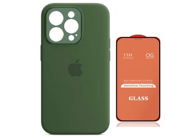 CASE IPHONE 15 PRO MAX SILICONA CON P/CÁMARA V.MILITAR + MICA DE VIDRIO COMPLETO - 1
