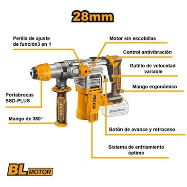ROTOMARTILLO INGCO 20V SDS PLUS 4.5J CON 2 BATERÍAS 5AH CRHLI202885 - 3