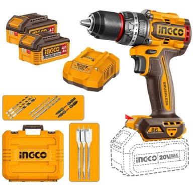 TALADRO ATORNILLADOR PERCUTOR INGCO 20V 86NM BRUSHLESS + 2 BATERÍAS 4AH CIDLI208682 - 1