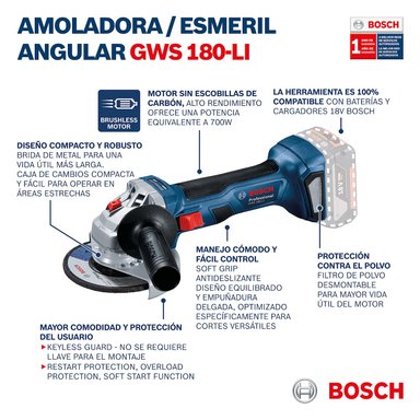ESMERIL AMOLADORA BOSCH GWS 180 LI 220-240 V 5' SIN BATERÍA - 4