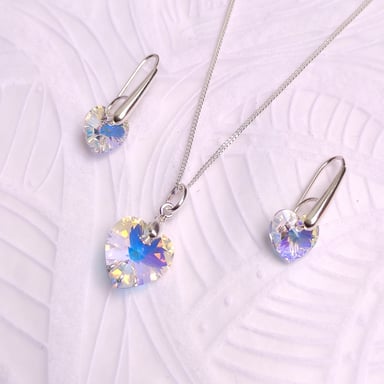 SET ELEGANTE DE COLLAR Y ARETES DE PLATA CON DIJE CORAZON DE CRISTAL AURORA BOREAL - REGALO IDEAL PARA SORPRENDER - 1