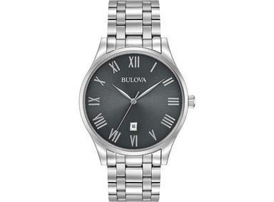 RELOJ BULOVA PARA HOMBRE, ACERO INOXIDABLE, CUARZO, CALENDARIO, ESFERA GRIS CON NÚMEROS ROMANOS, DISEÑO CLÁSICO ELEGANTE - 1