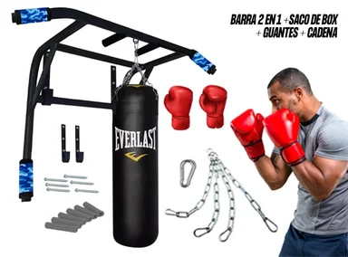 BARRA CALISTENIA CROM FIT 2 EN 1 DOMINADA + SACO BOX CROSSFIT + CADENA SOPORTE + GUANTES BOXEO - 2