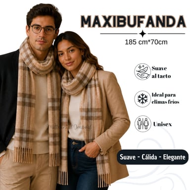 PASHMINA A CUADROS DISEÑO MODERNO ABRIGADO MAXI BUFANDA 185CM X 72CM BEIGE - 1