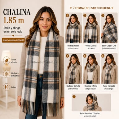 CHALINA UNISEX SUAVE Y ELEGANTE 185CM X 72CM PASHMINA MODELO CUADROS NEGRO - 2