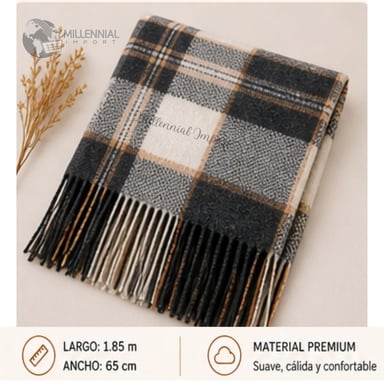 CHALINA UNISEX SUAVE Y ELEGANTE 185CM X 72CM PASHMINA MODELO CUADROS NEGRO - 5