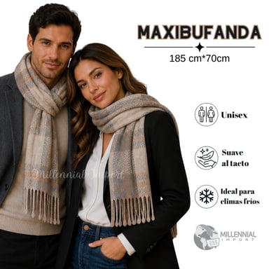 MAXI BUFANDA CHALINA SUAVE UNISEX 185CM X 72CM DISEÑO A CUADROS GRIS - 1