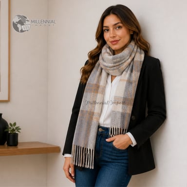 MAXI BUFANDA CHALINA SUAVE UNISEX 185CM X 72CM DISEÑO A CUADROS GRIS - 2