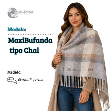 MAXI BUFANDA CHALINA SUAVE UNISEX 185CM X 72CM DISEÑO A CUADROS GRIS - 3