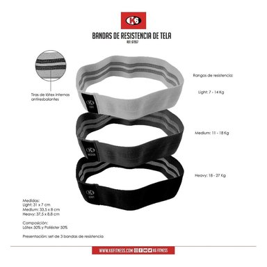 SET 3 BANDAS K6 FITNESS RESISTENCIA ELÁSTICAS EJERCICIO TELA 7-27KG - 6
