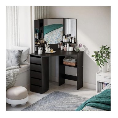TOCADOR ESQUINERO TU MESITA SIGRID COLOR NEGRO 3 ESPEJOS 5 CAJONES - 1