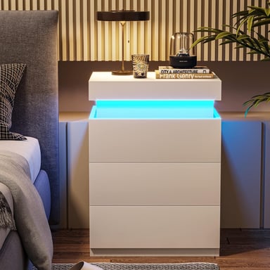 VELADOR MESA DE NOCHE TAMARIS COLOR BLANCO CON LUCES LED TU MESITA 3 CAJONES - 4