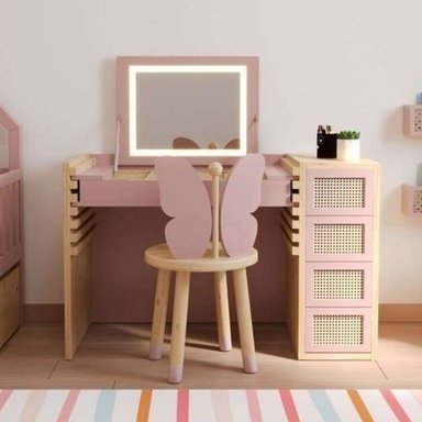 TOCADOR + SILLA INFANTIL CONGALA CON ESPEJO Y LUCES LED COLOR ROSADO/DUNA TU MESITA - 1