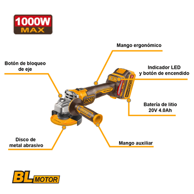 AMOLADORA ANGULAR BRUSHLESS INGCO 20V 1000W 4 1/2″ 115MM + BATERÍA 4.0AH + CARGADOR CAGLI271531 - 2
