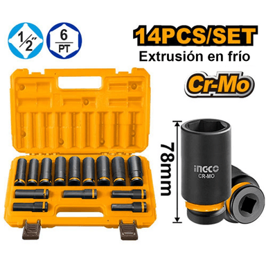 SET 14 DADOS DE IMPACTO LARGOS INGCO 1/2' HKISSD12143L - 1
