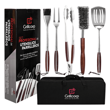 SET ACCESORIOS PARRILLA GRILLCORP 2017246 ACERO PROFESIONAL UTENSILIOS PARRILLEROS 6 PIEZAS - 1