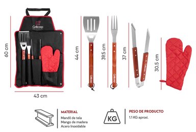 SET ACCESORIOS PARRILLA GRILLCORP 2017222 ACERO UTENSILIOS PARRILLEROS 5 PIEZAS - 3