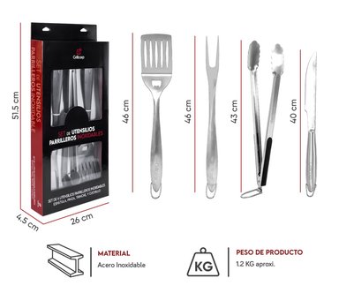 SET ACCESORIOS PARRILLA GRILLCORP 2017239 ACERO UTENSILIOS PARRILLEROS INOXIDABLES - 3
