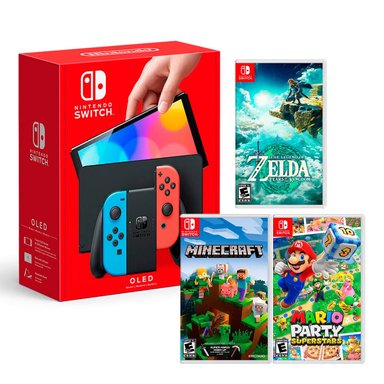 CONSOLA NINTENDO SWITCH MODELO OLED NEON + ZELDA TEARS OF THE KINGDOM + MINECRAFT+ MARIO PARTY SUPERSTAR - 1