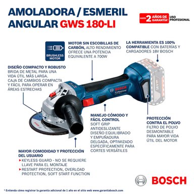 AMOLADORA ANGULAR 18V GWS 180 LI + 1BAT + 1CARG BOSCH - 9