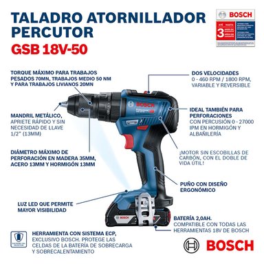 TALADRO PERCUTOR 1/2' 18V BRUSHLESS + 1BAT + SET 34PCS BOSCH - 5