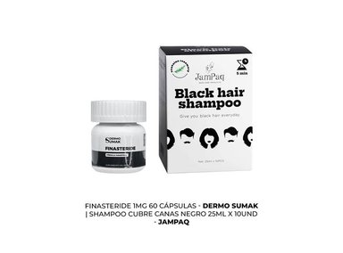 TRATAMIENTO CAPILAR FINASTERIDE 1MG X 60 CÁPSULAS + SHAMPOO CUBRE CANAS NEGRO JAMPAQ - 2