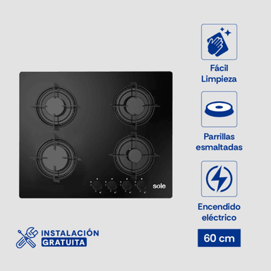 COCINA EMPOTRABLE A GAS SOLE SOLCO049 4 HORNILLAS 60 CM - NEGRO - 1