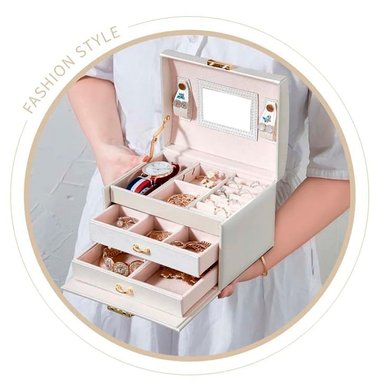 JOYERO BEIGE MALETÍN ORGANIZADOR DE COLLAR ARETES ANILLOS 3 PISOS - 2