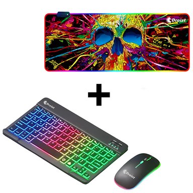 COMBO KIT TECLADO Y MOUSE LUCES RGB INALÁMBRICO NEGRO + MOUSEPAD GAMER DREIZT RGB DISEÑO CALAVERA XL 80CM X 30CM - 1