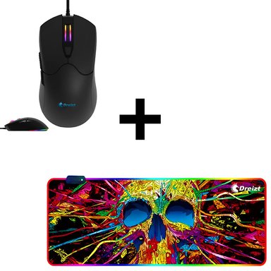 MOUSE GAMER DREIZT RGB MATE GR270037 12,800 DPI NEGRO + MOUSEPAD GAMER DREIZT RGB MULTICOLOR DISEÑO CALAVERA XL 80CM X 30CM - 1