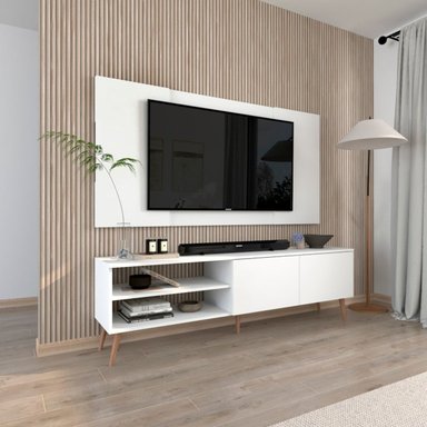 CENTRO DE ENTRETENIMIENTO MOVENDA MUEBLES CAXIAS 65' MESA DE TV Y PANEL MOVENDA CON PATAS DE MADERA BLANCO - 2