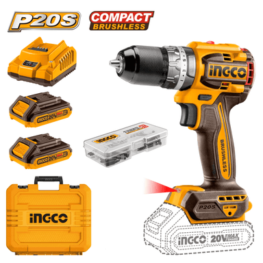 TALADRO ATORNILLADOR BRUSHLESS CHUCK METÁLICO 2 BATERÍAS 2AH INGCO - 1