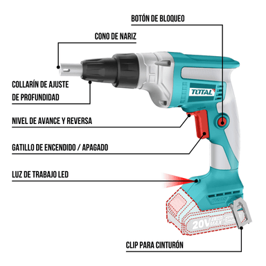 ATORNILLADOR DE DRYWALL 20V + BATERIA 2AH Y CARGADOR TOTAL - 4