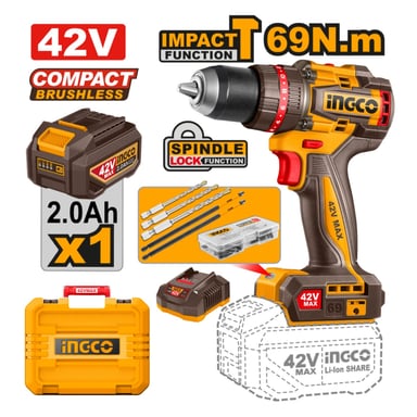 TALADRO PERCUTOR 42V 69NM + BATERÍA Y CARGADOR INGCO - 5
