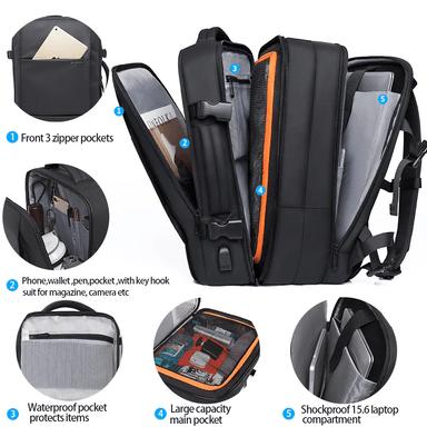 MOCHILA EXPANDIBLE VIAJERA CABINERA COMPARTIMIENTO LAPTOP NEGRO - 2
