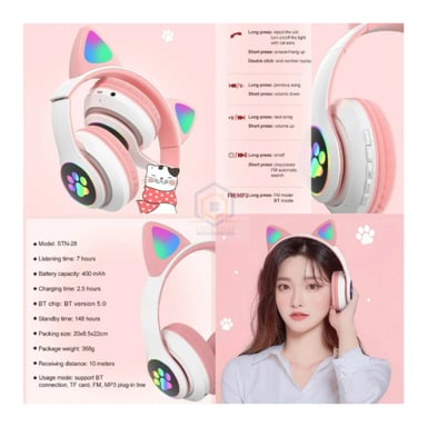 AUDÍFONOS ON-EAR STN-28 BLUETOOTH GATO CON LUZ LED ROSADO - 3